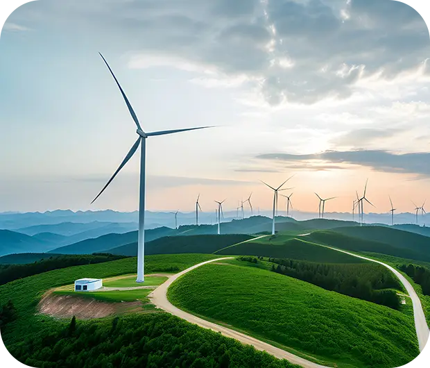 Wind turbines across green hills