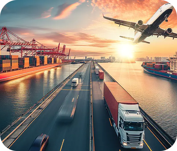 Port, freight truck, and cargo plane at sunset
